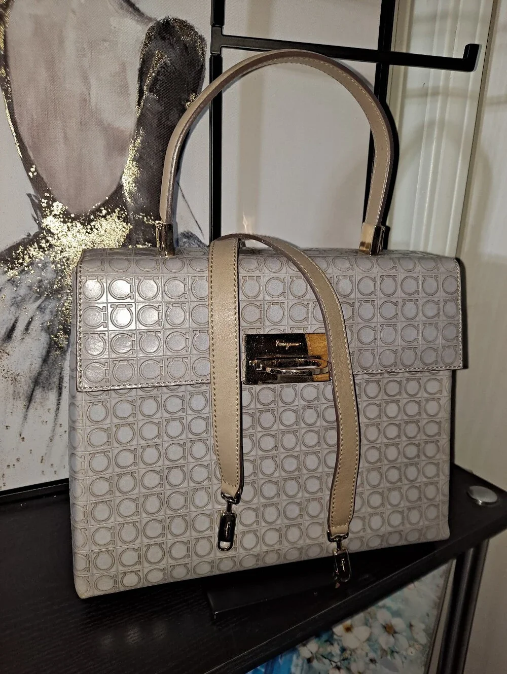 Salvatore Ferragamo Light Beige Gancini Monogram Top-Handle Satchel